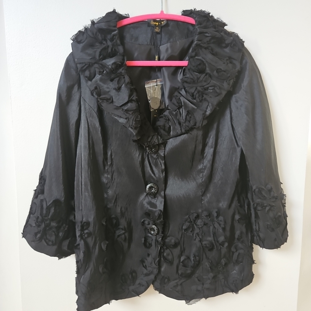 Jerry T Womens Blazer Sz XL Black Floral Wedding Cocktail Evening Formal